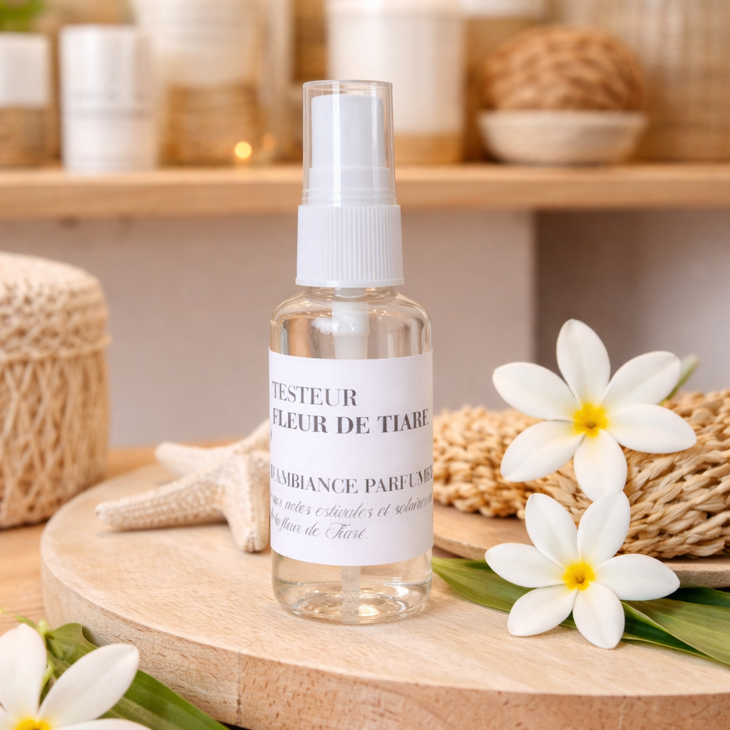 Flacon testeur brume d'ambiance parfumée LBL Fleur de Tiaré Monoï posé sur un support en bois, dans une salle de bain, aux couleurs beige, blanc, marron clair, accompagnée de fleurs de tiaré et frangipanier et objets de décoration d'intérieur en osier.