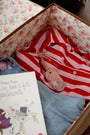 Suspension artisanale parfumée LBL Pêche de vigne dans un valise sur un chemisier rose et rouge à rayure pour parfumer les vêtements, accompagné d'un livre pour les vacances.