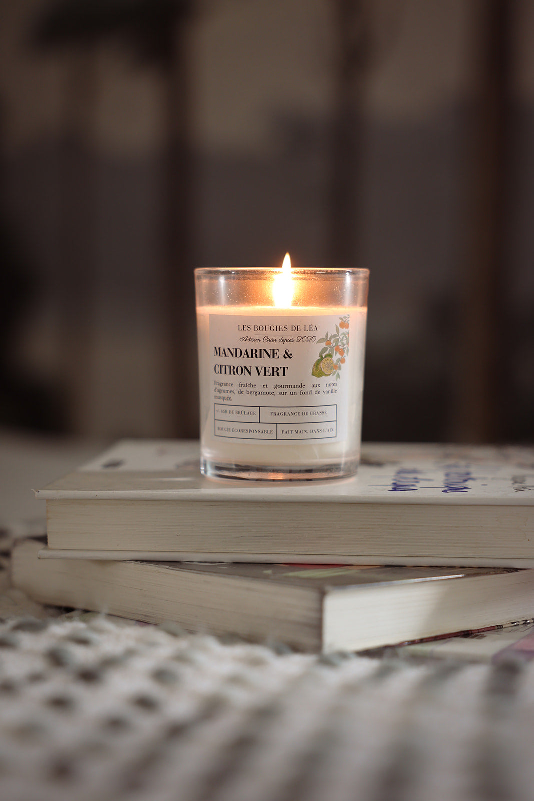 Bougie artisanale parfumée Les Bougies de Léa allumée, senteur Mandarine, citron vert et bergamote, sur un plaid et livres pour un moment cocooning et détente.