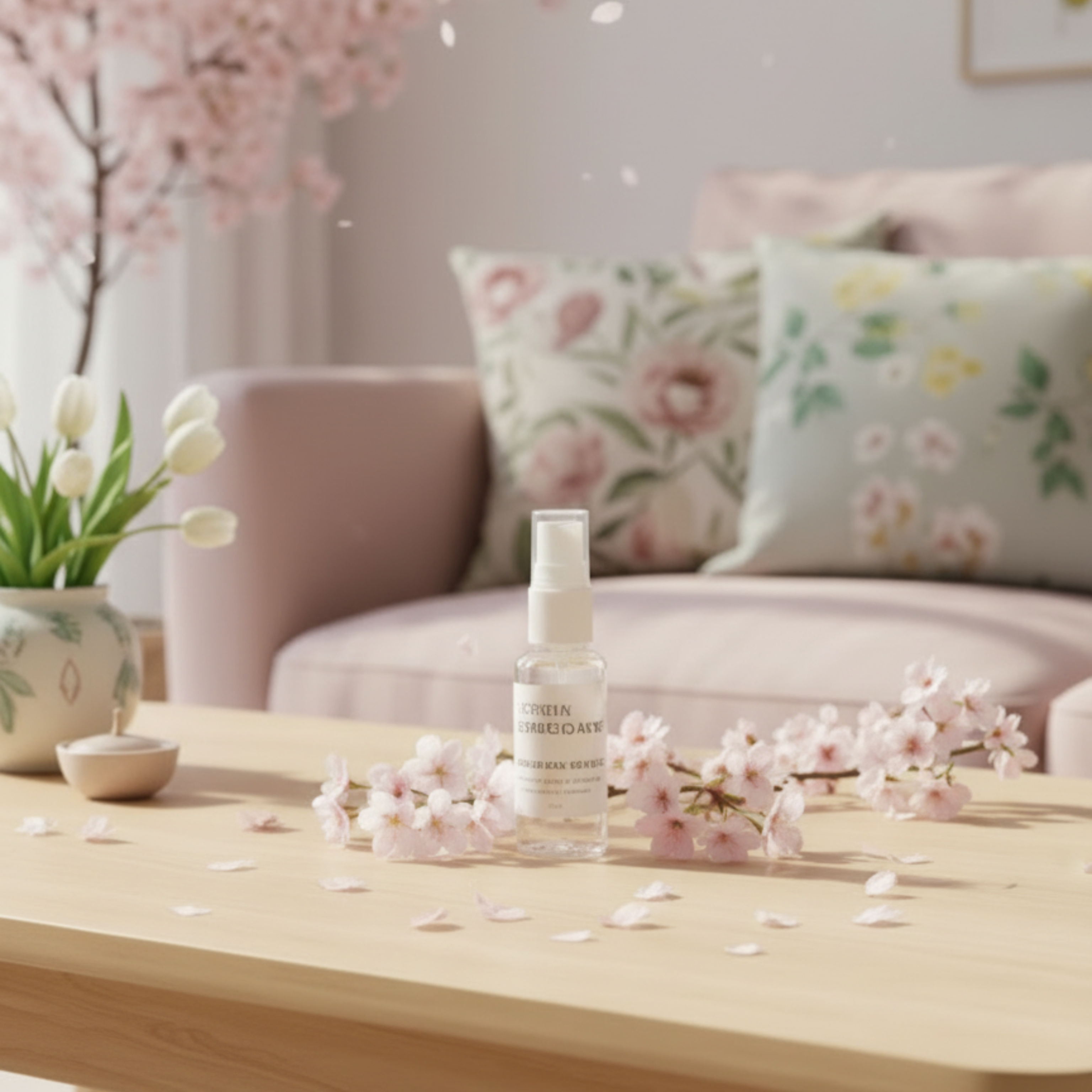 Flacon testeur brume d'ambiance Fleur de Cerisier LBL sur une table en bois avec des pétales de fleurs de Cerisier ou Sakura, dans un salon avec un canapé et des coussins en arrière plan Ambiance printanière, estivale et fraîche.
