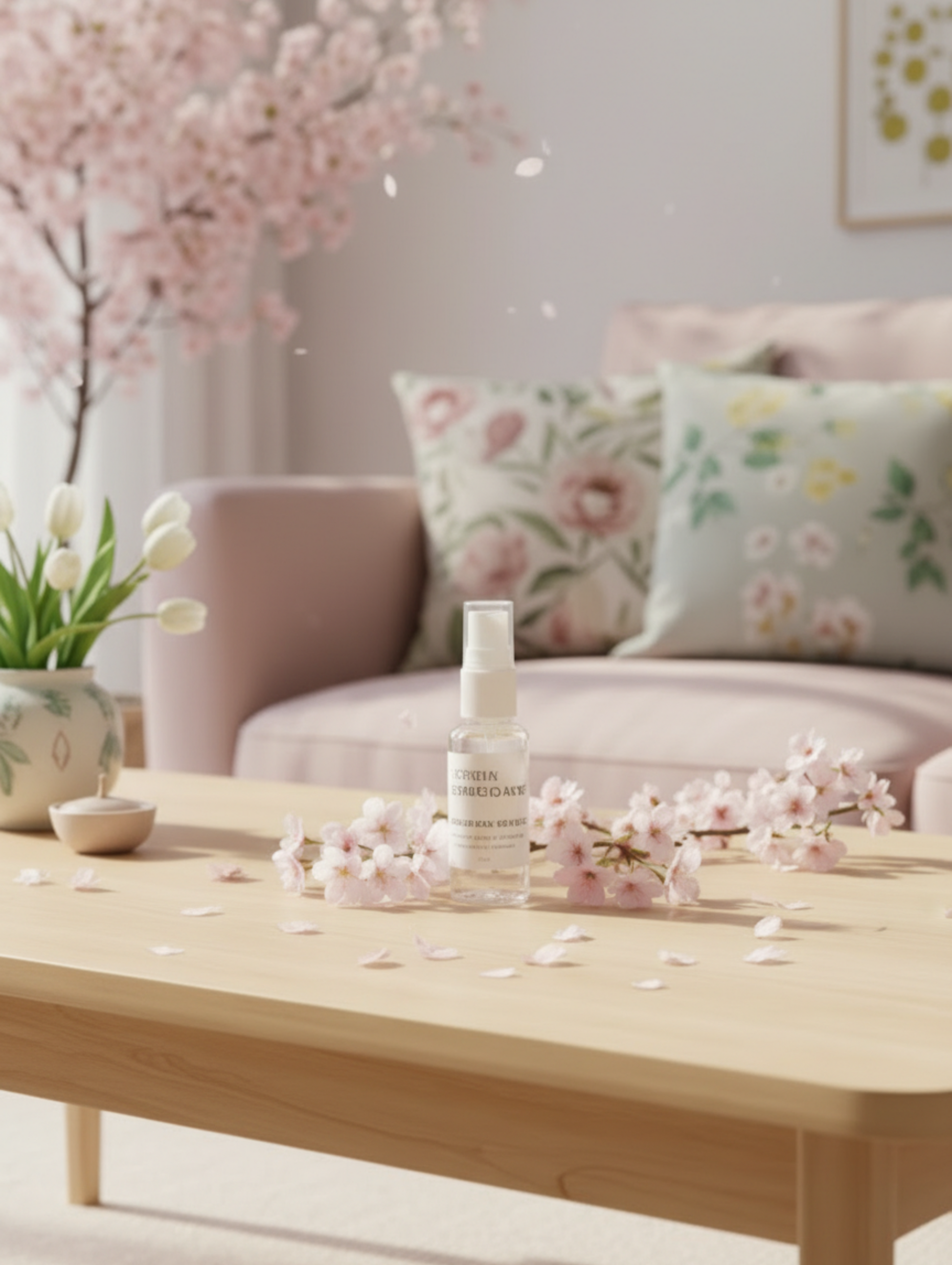 Flacon testeur brume d'ambiance Fleur de Cerisier LBL sur une table en bois avec des pétales de fleurs de Cerisier ou Sakura, dans un salon avec un canapé et des coussins en arrière plan Ambiance printanière, estivale et fraîche.