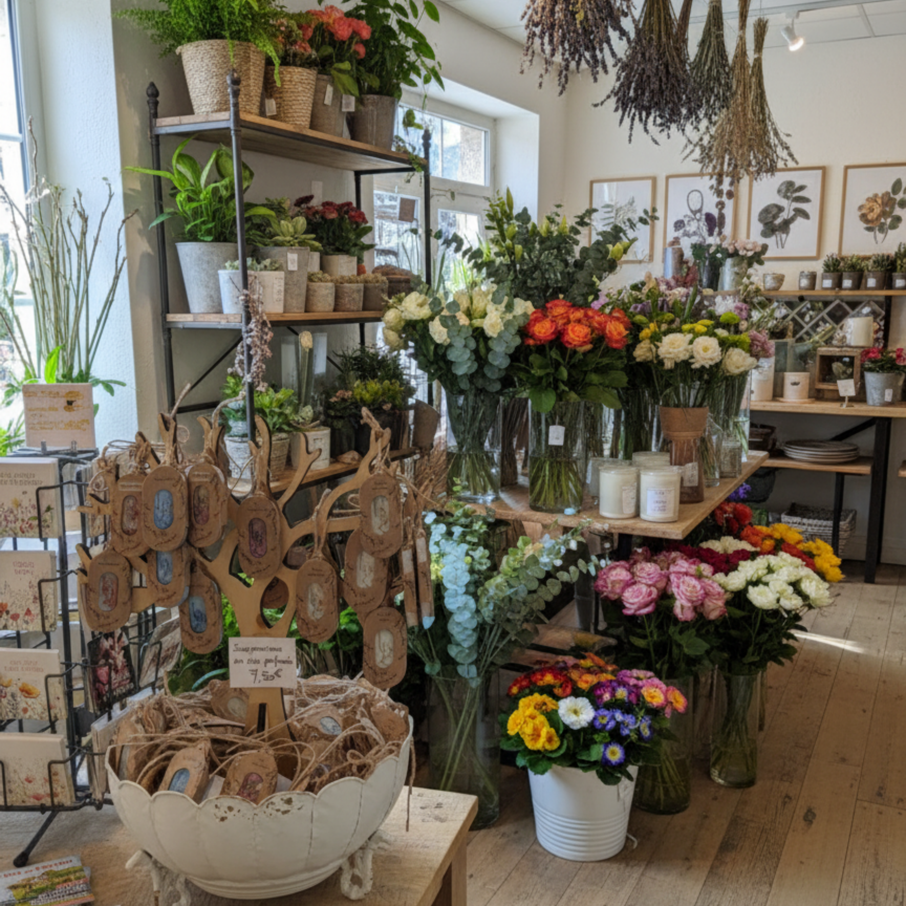 Suspensions végétales parfumées artisanales LBL sur présentoir en bois de peuplier artisanal fait main en Bourgogne, mise en rayon espace de vente boutique revendeurs fleuriste, jardinerie.
