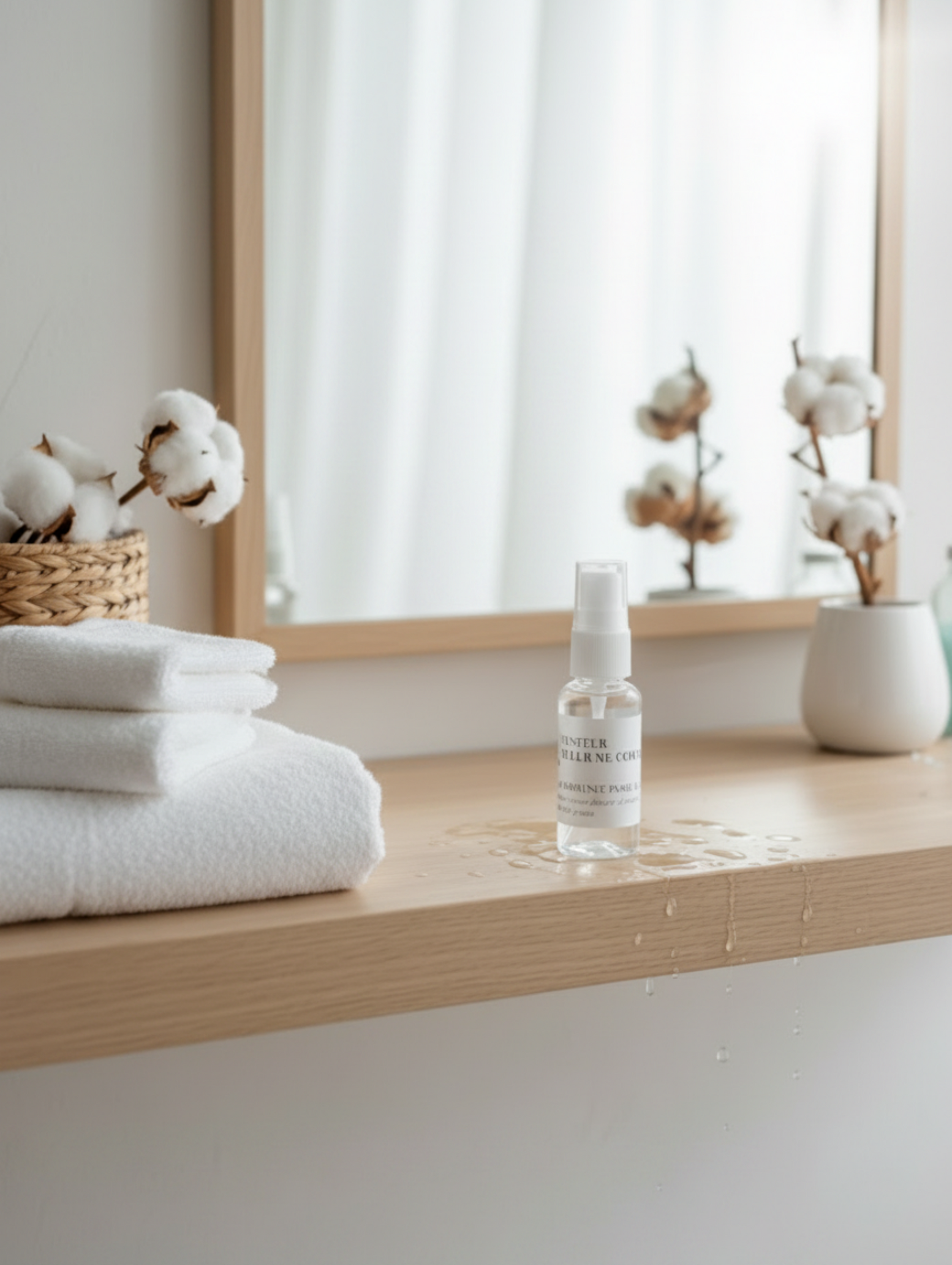 Flacon testeur de 30ml de brume d'ambiance Fleur de Coton LBL posé sur une table en bois à côté de serviettes dans une salle de bain.