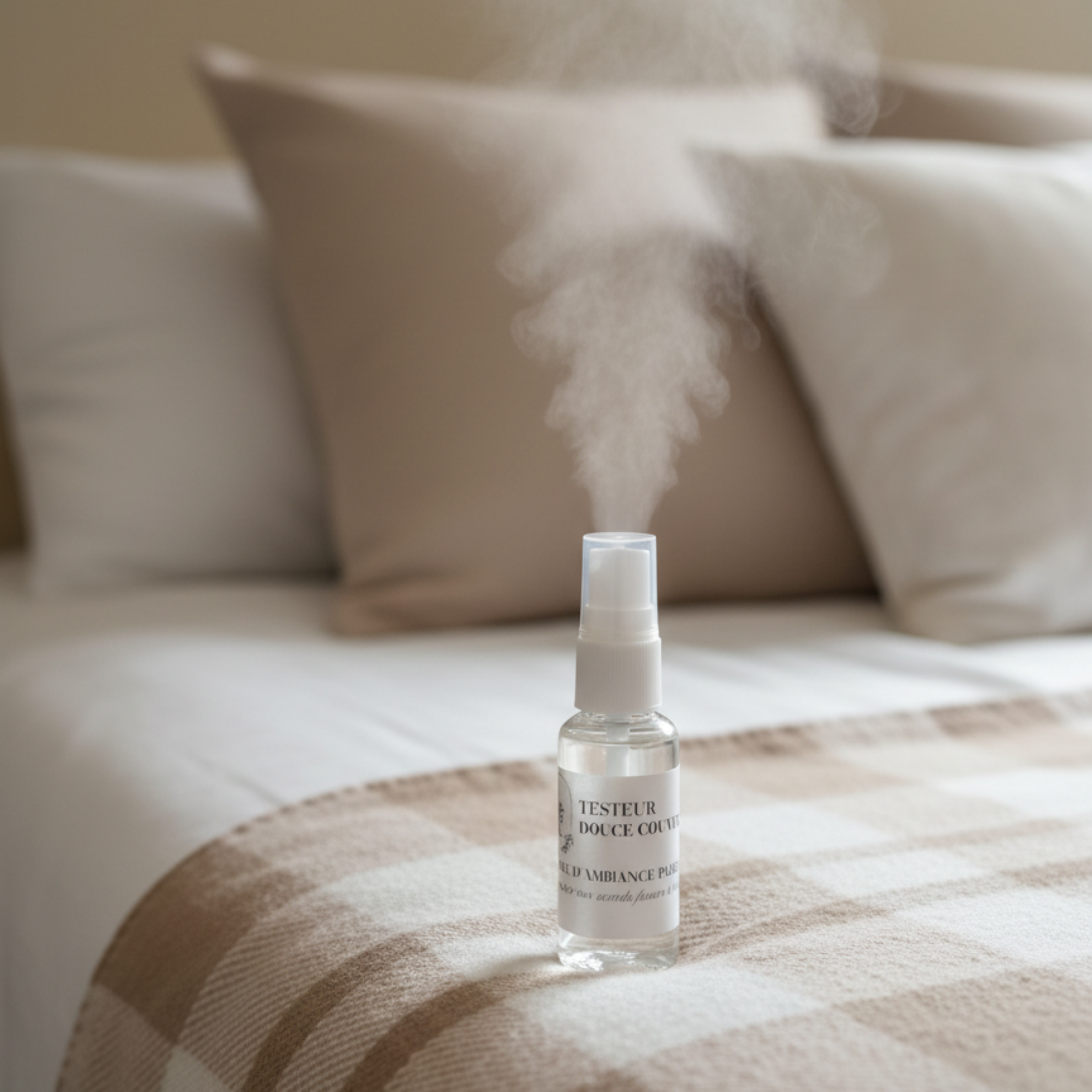 Flacon testeur brume d'ambiance Douce couverture LBL sur le draps d'un lit beige et marron avec oreillers et coussins en arrière plan.