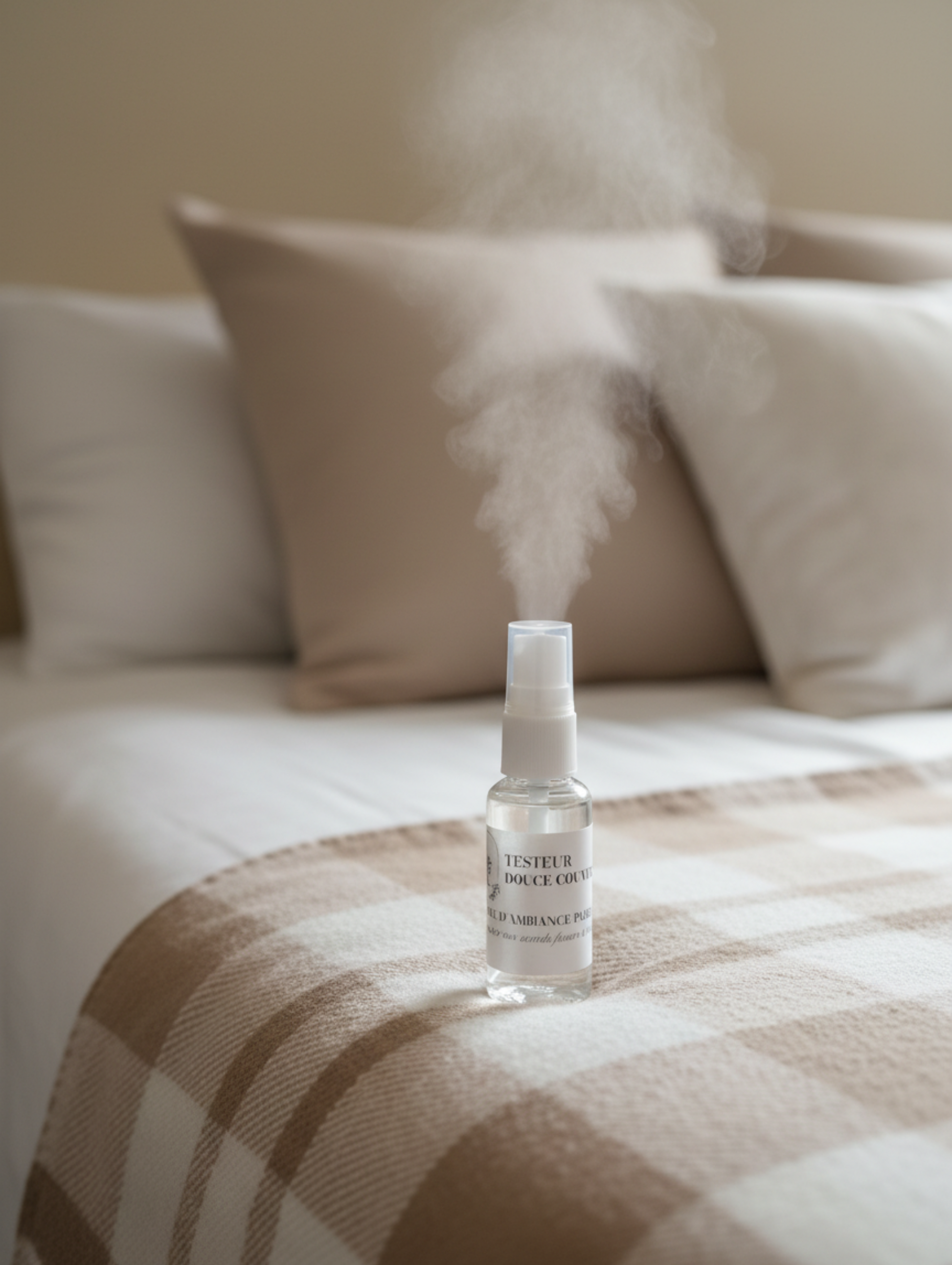 Flacon testeur brume d'ambiance Douce couverture LBL sur le draps d'un lit beige et marron avec oreillers et coussins en arrière plan.